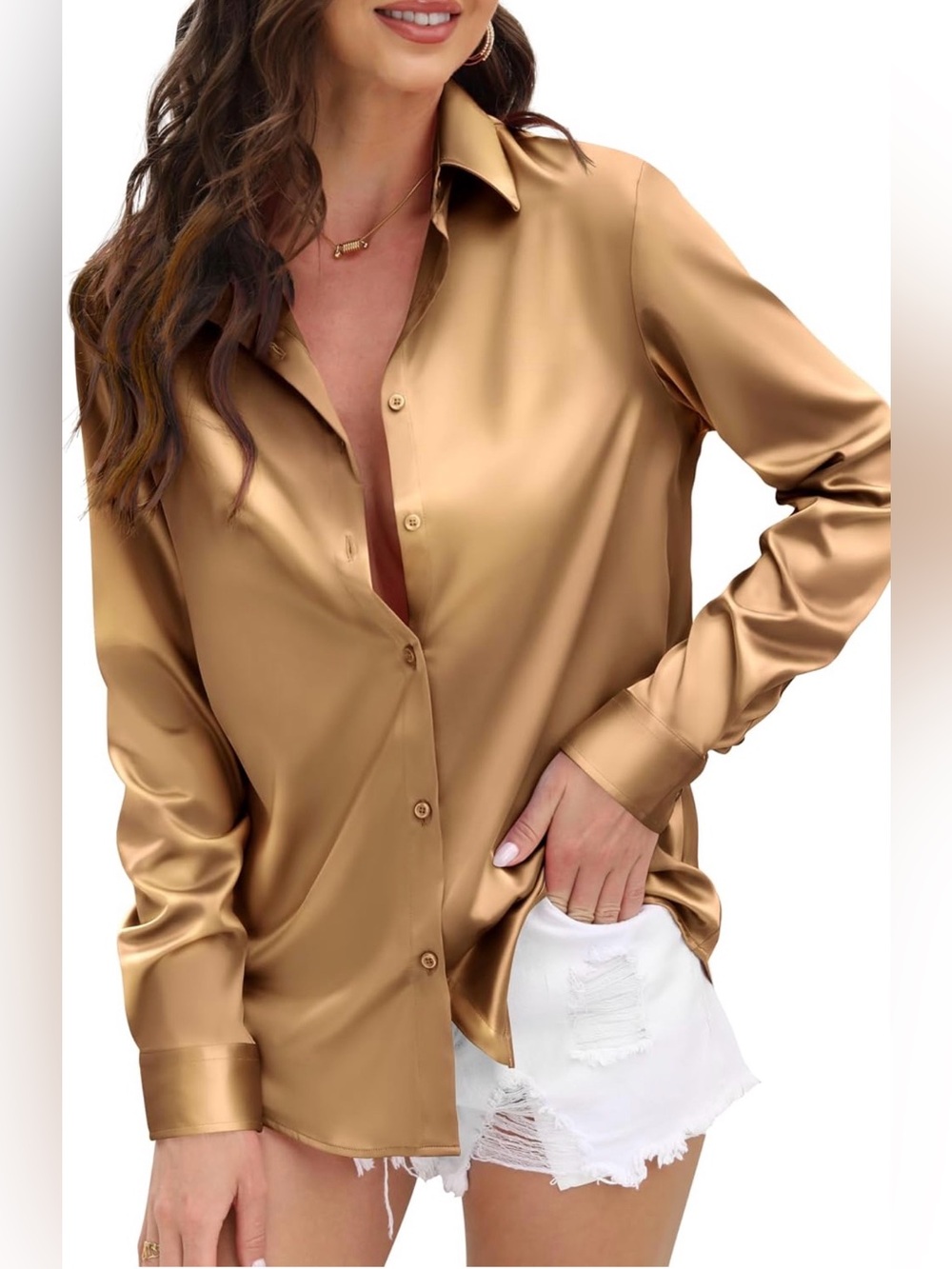 Satin Button-Down Shirt - Gold